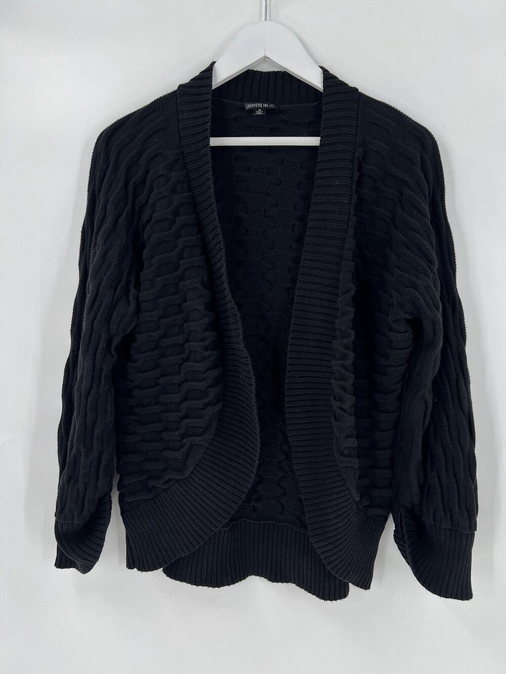 Lafayette 148 Cardigan Sweater Womens Medium Black Open Cable Knit Casual Cotton
